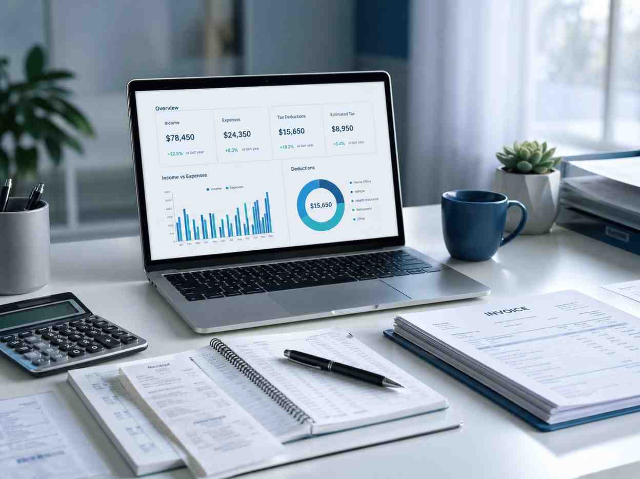 Organized tax records, invoices, receipts, and finance dashboard on a professional workspace.